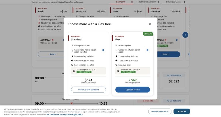 Air Canada fare comparison showing Standard and Flex conditions for a Toronto to Vancouver flight.