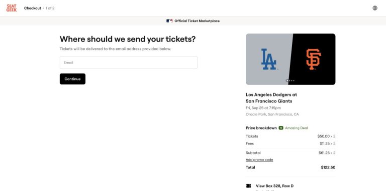 SeatGeek checkout showing an email field and an itemised total for two baseball tickets.